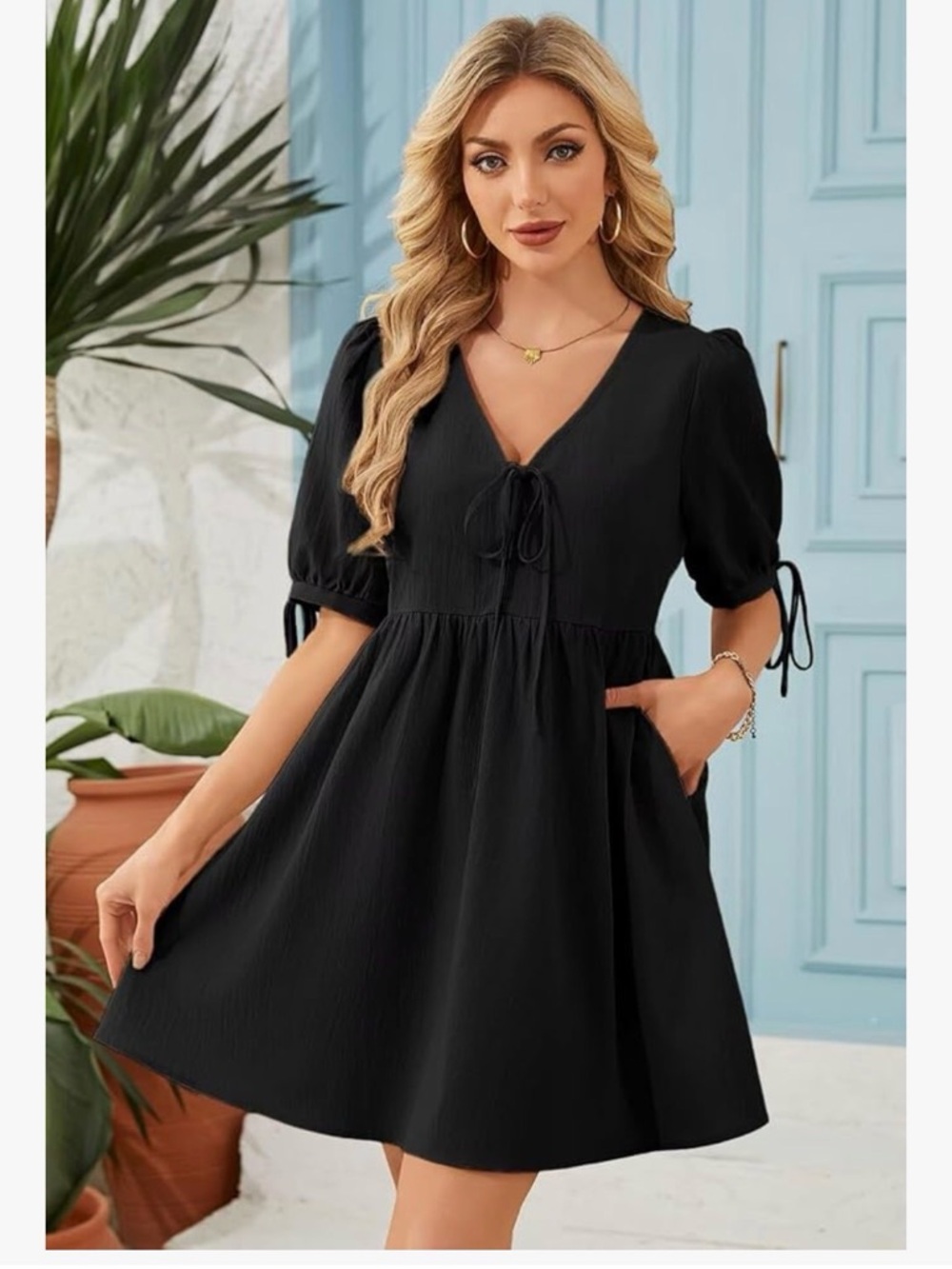 Women's Black V-Neck Tie-Front Mini Dress